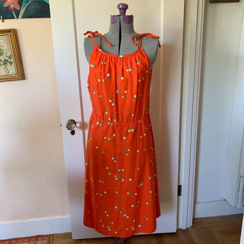 VTG 70s MALIA 10 Midi Sundress Orange Rose Floral Tie Straps Picnic Fit & Flare